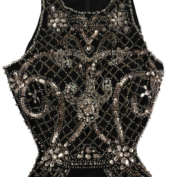 XSCAPE Long Black Beaded Sequin Open Back Sexy Formal Gown with Front Slit Sz 2 - Picture 9 of 14